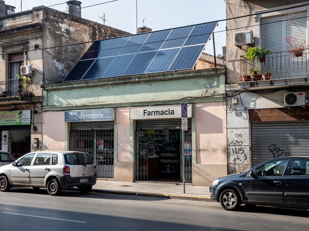Pequeño comercio argentino con panel solar visible en el techo