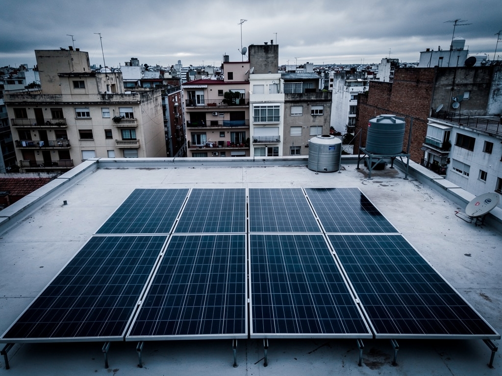 Paneles solares en techo de vivienda en Buenos Aires